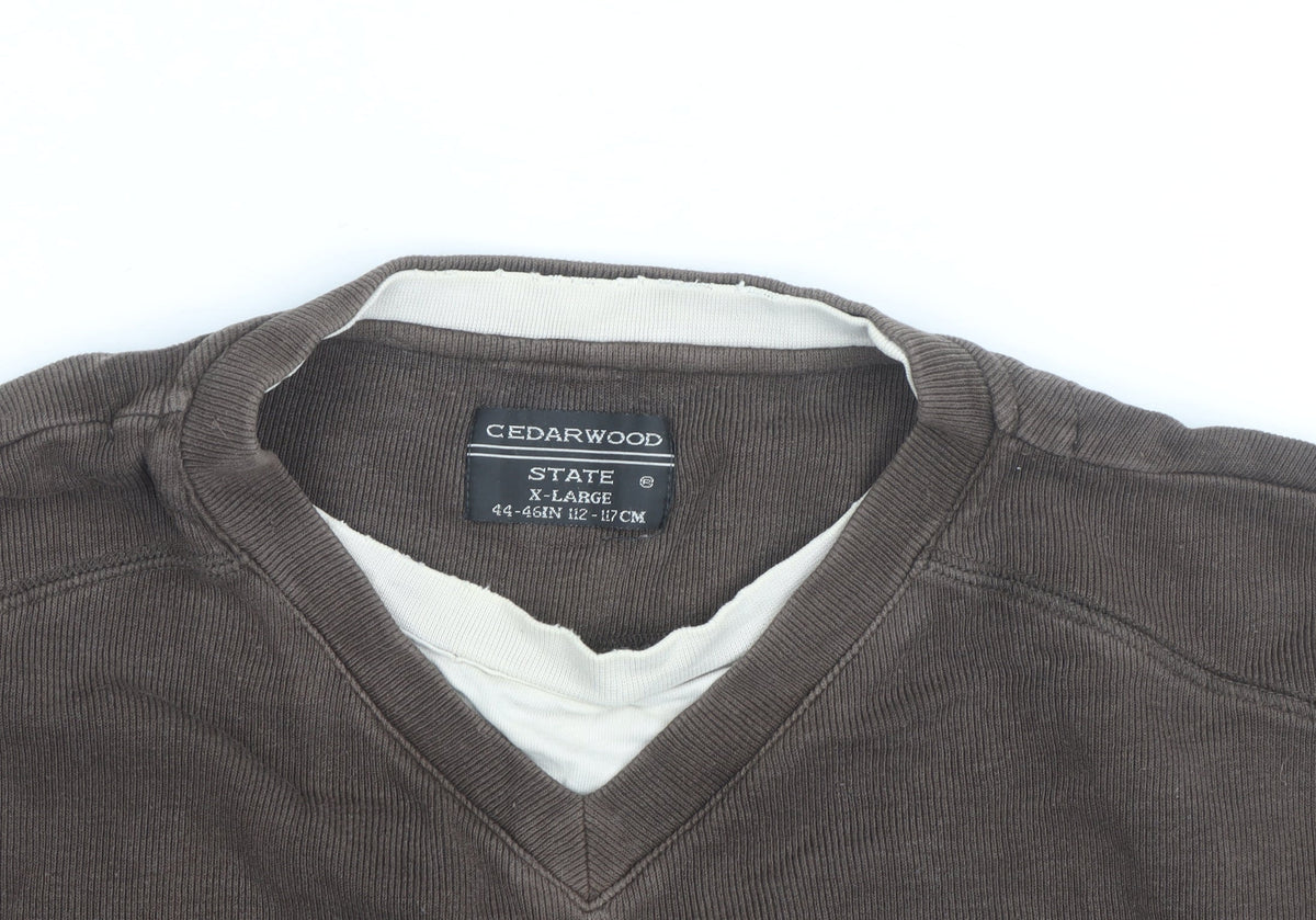 Cedarwood State Men's Brown V-Neck Cotton Pullover Jumper XL