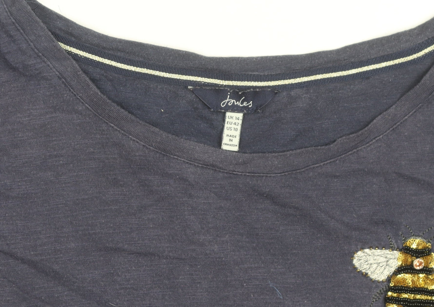 Joules Women’s Blue Bee Embroidered Cotton T-Shirt UK 14