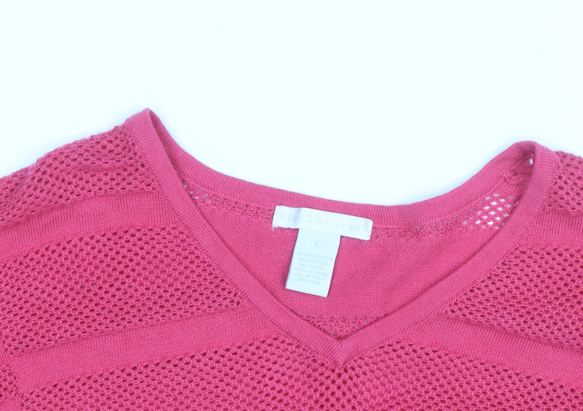 Design History Women's Pink V-Neck Open-Knit Jumper Size L