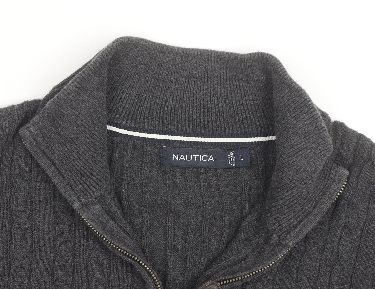 Nautica Men's Grey Cable-Knit Cotton Half Zip Jumper L