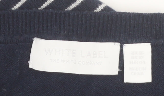 The White Company Women's Blue Striped Crew Neck Jumper Size 16