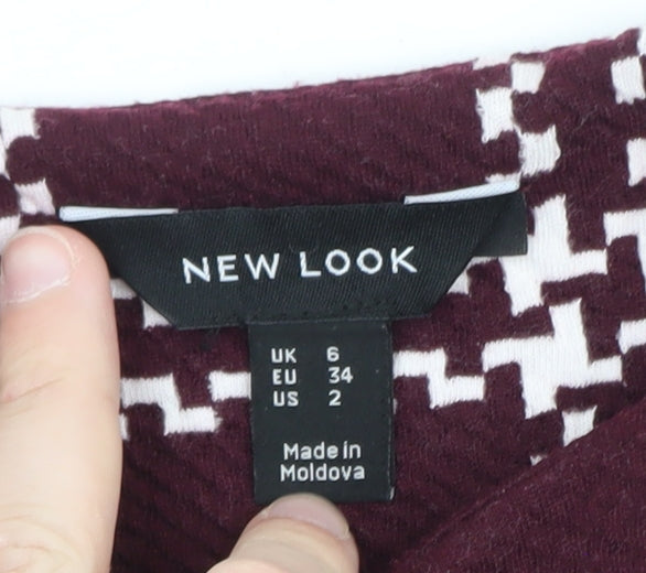 New Look Women Burgundy Check Shift Dress Size 6 3/4 Sleeve
