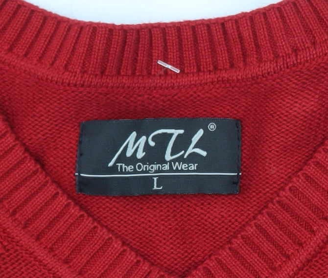 MTL Men's Red V-Neck Argyle Knit Pullover Jumper Size L