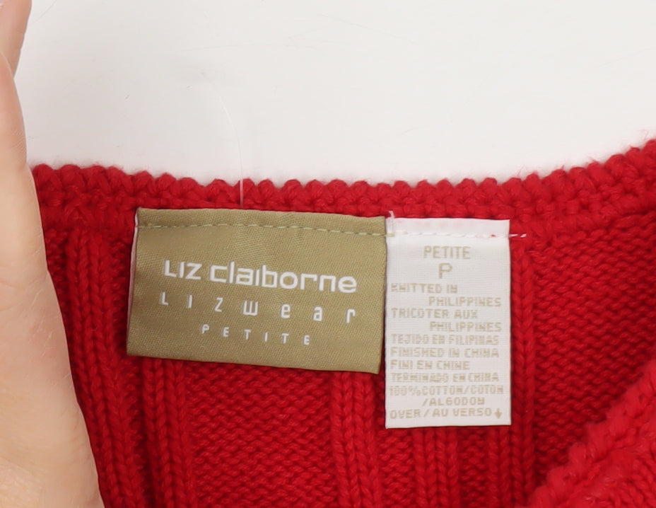 Liz Claiborne Women Red Cable-Knit Cotton Crew Neck Jumper Petite S