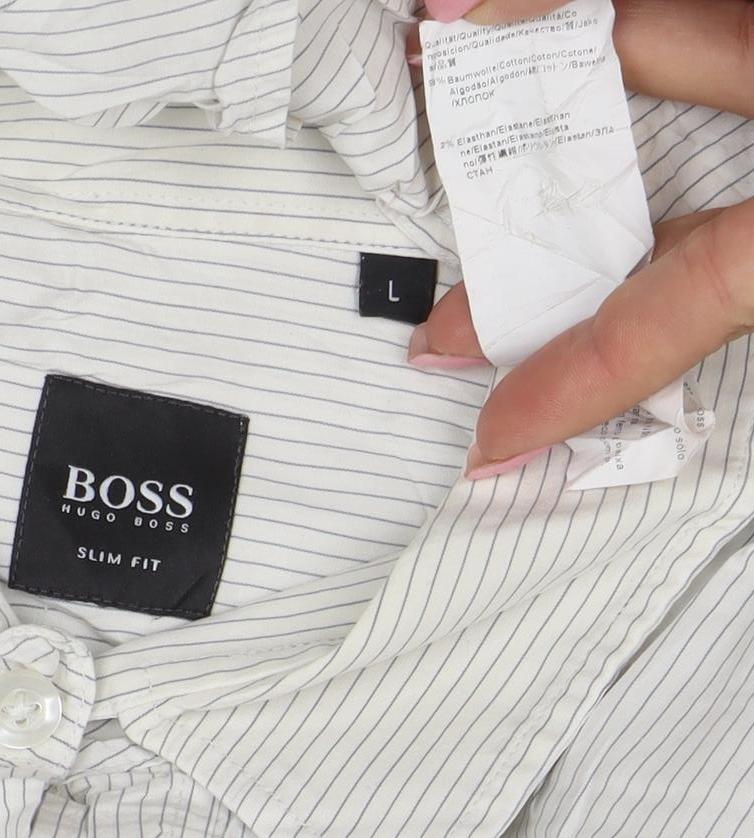 BOSS Hugo Boss Men's White Slim Fit Striped Long Sleeve Shirt Size L