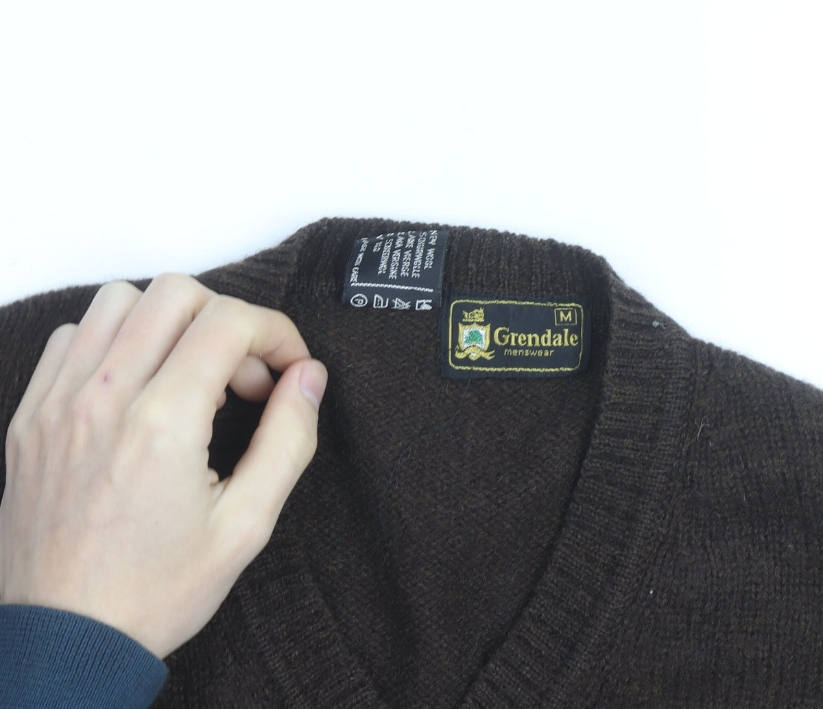 Grendale Mens Brown Wool V-Neck Jumper with Elbow Patches Size M