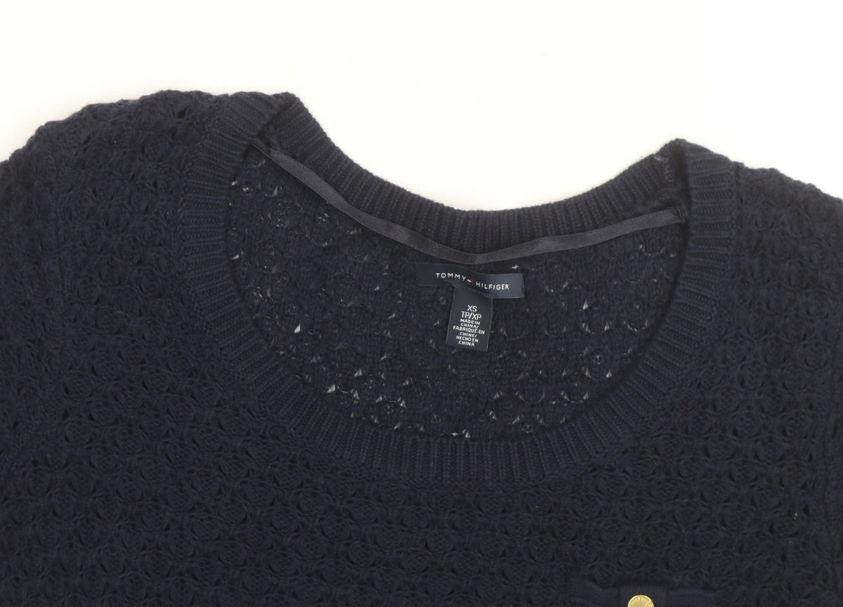 Tommy Hilfiger Women's Blue XS Open-Knit Short Sleeve Jumper