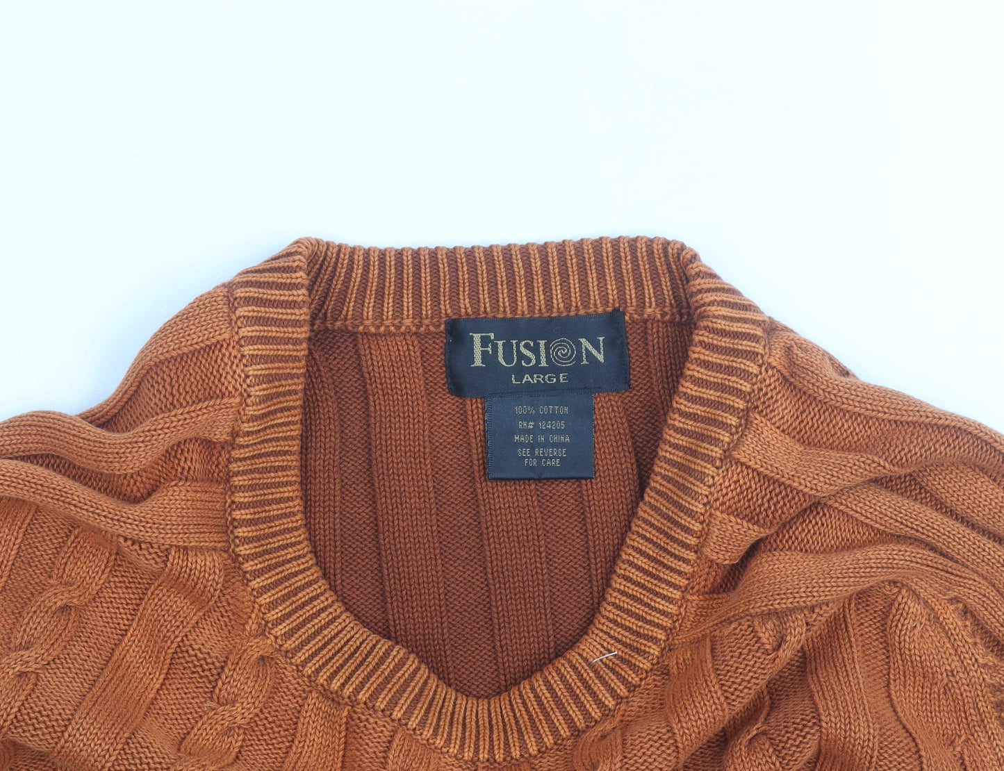 Fusion Men's Orange Cotton Cable Knit Jumper Size L Crew Neck