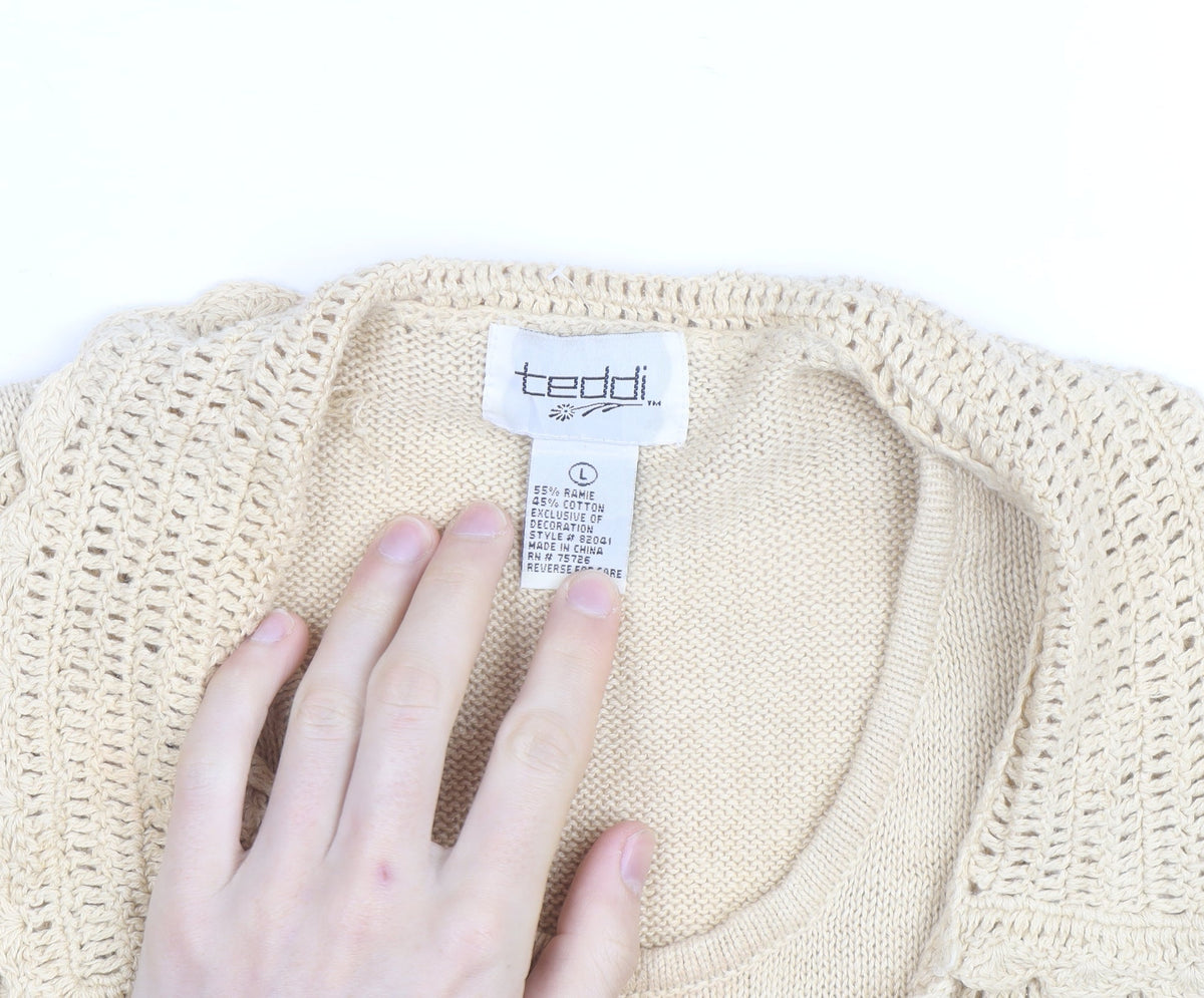Teddi Women’s Beige Crochet Collared Short Sleeve Cardigan L