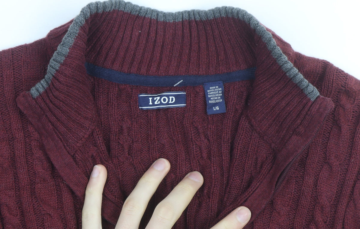 IZOD Men's Red Cable Knit 1/2 Zip Cotton Jumper Size L