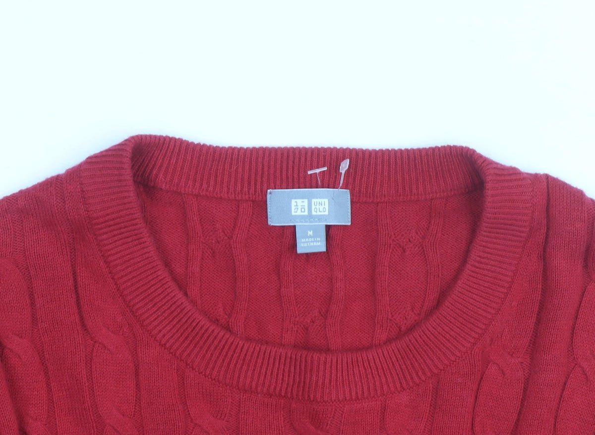 Uniqlo Men's Red Wool Cable-Knit Crew Neck Jumper Size M