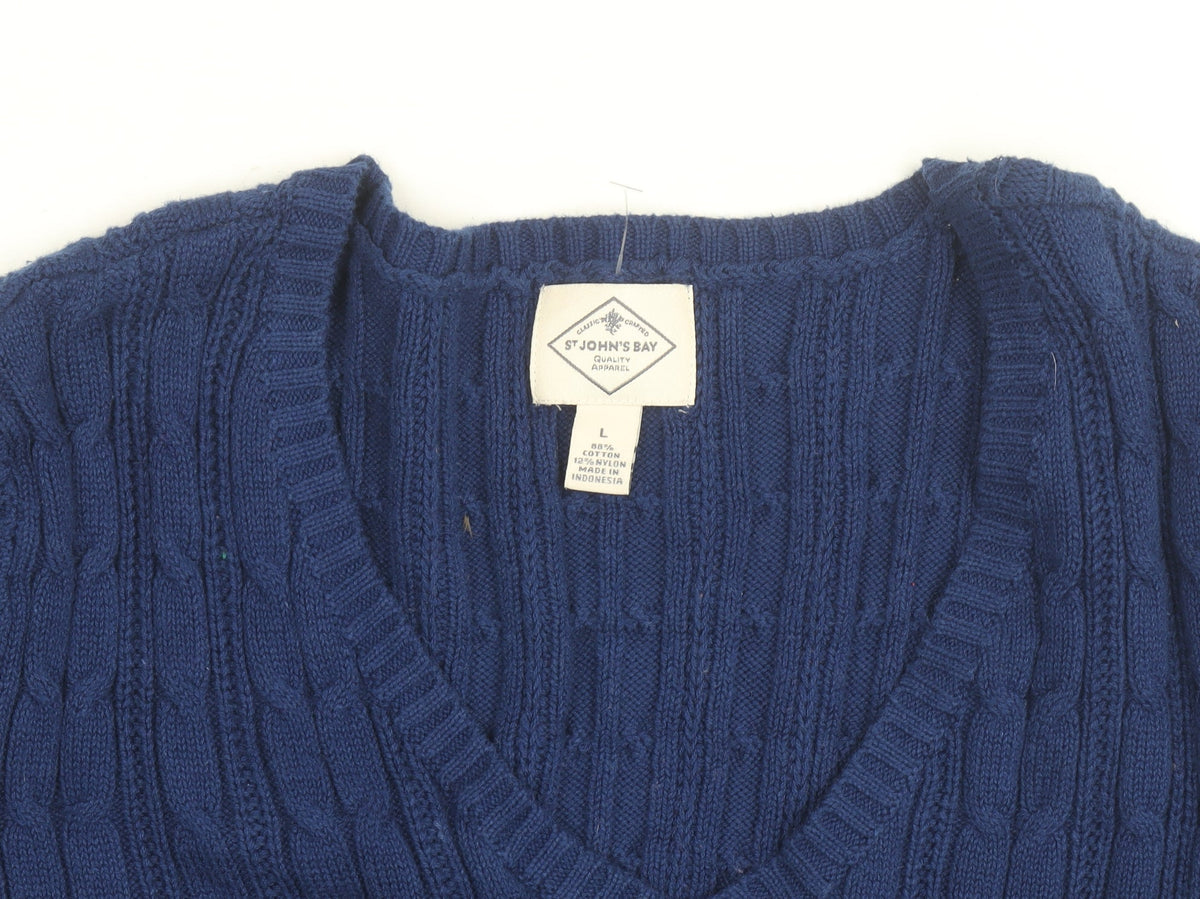 St John’s Bay Men’s Blue Cable-Knit V-Neck Cotton Jumper L