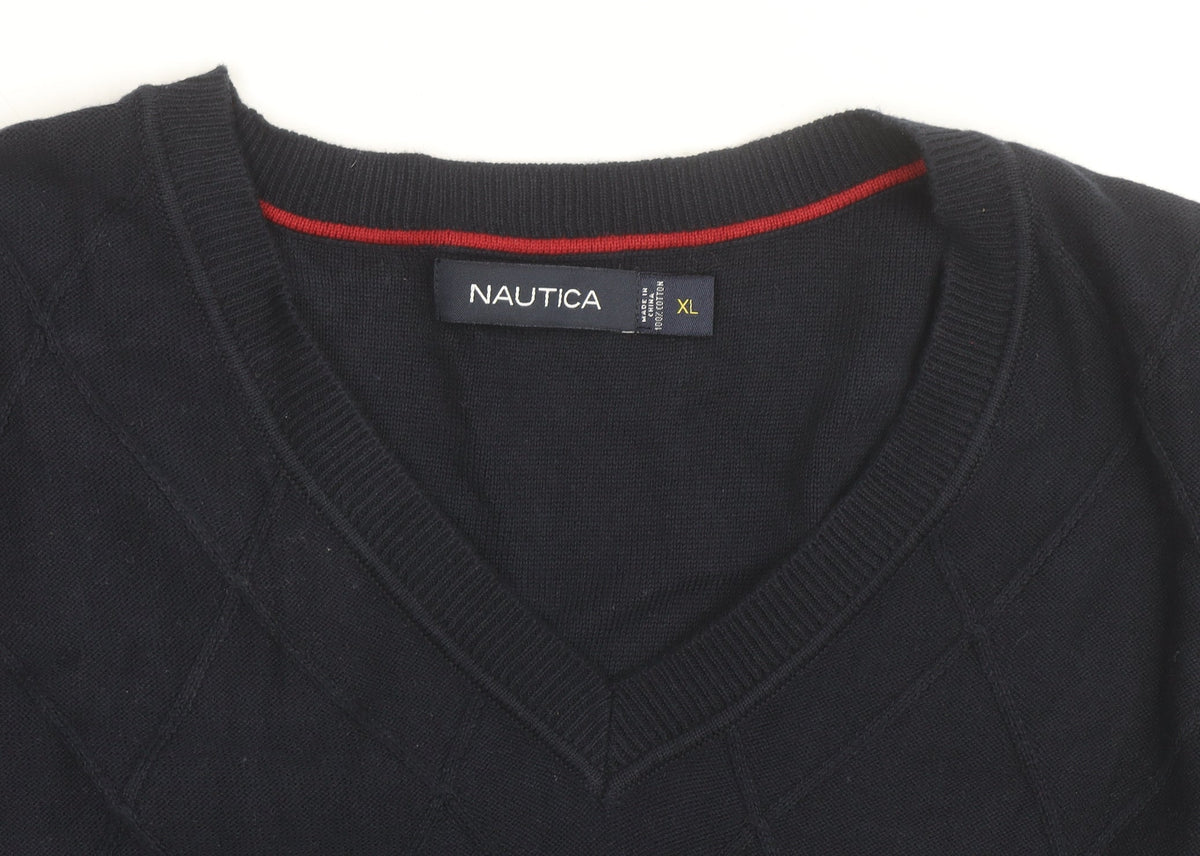Nautica Men's Blue Cotton Argyle V-Neck Sleeveless Jumper XL
