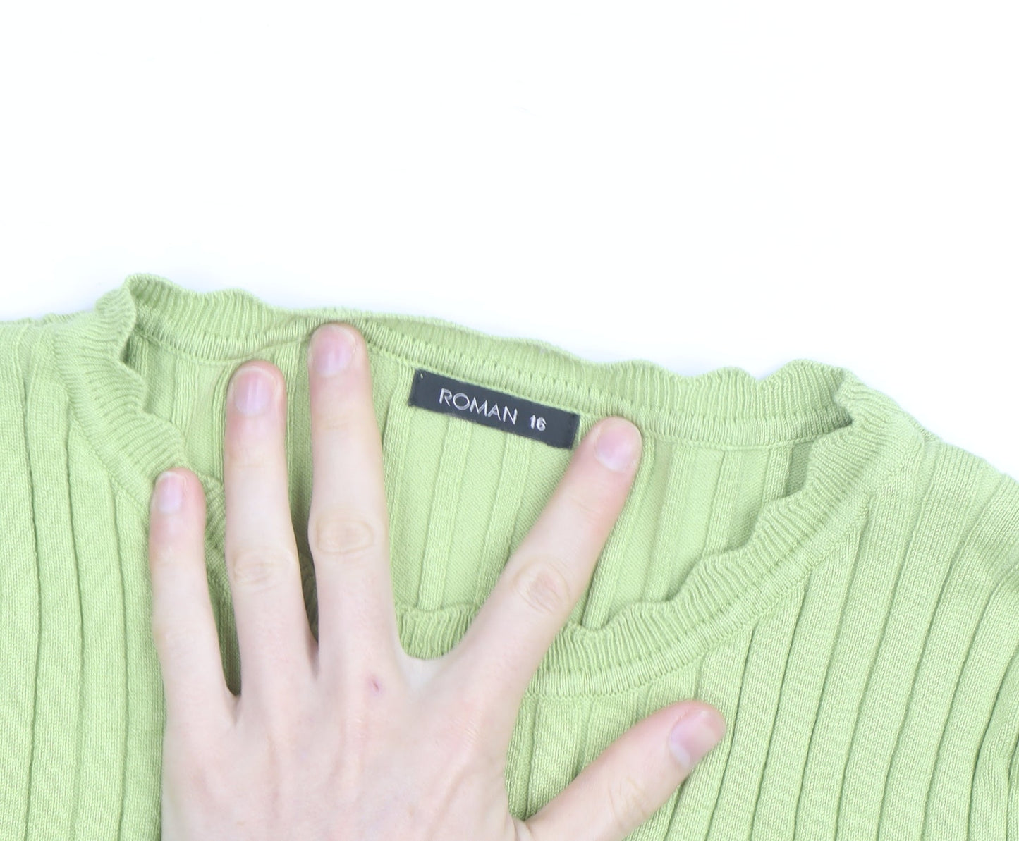 Roman Women’s Green Ribbed Knit Long Sleeve Pullover Jumper Size 16