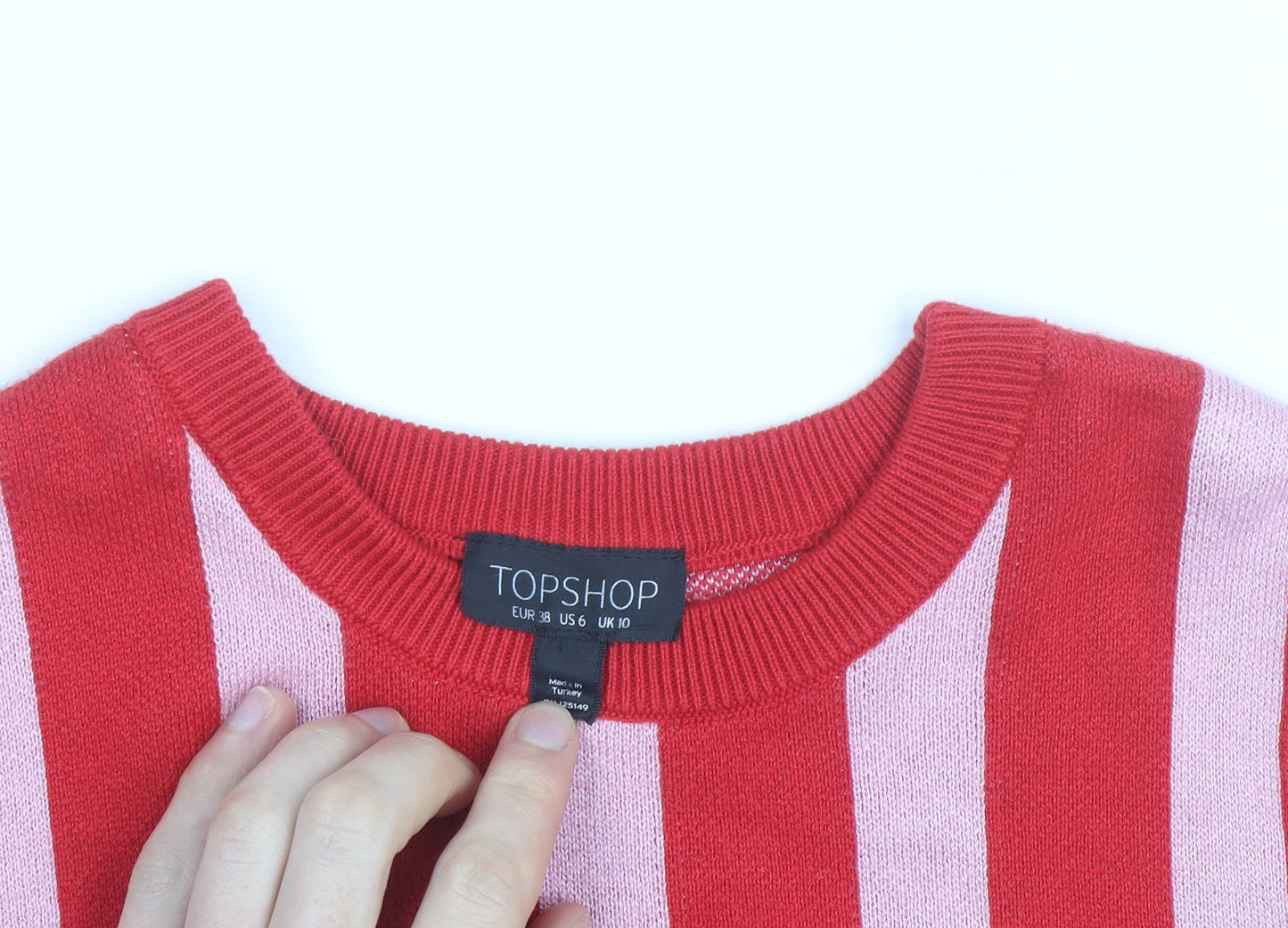 Topshop Women Red Pink Striped Cotton Short Sleeve Jumper UK 10