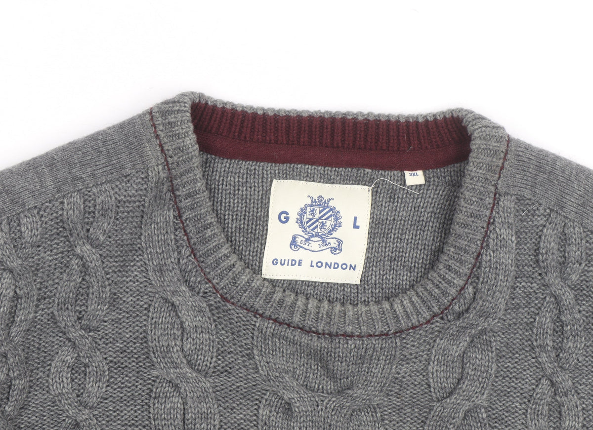 Guide London Men's Grey 3XL Cable-Knit Wool Blend Jumper