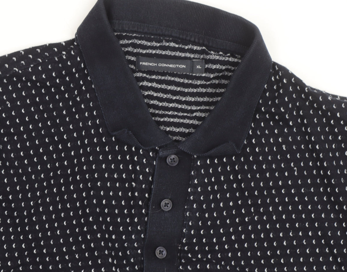 French Connection Men's Blue XL Long Sleeve Knit Polo Shirt