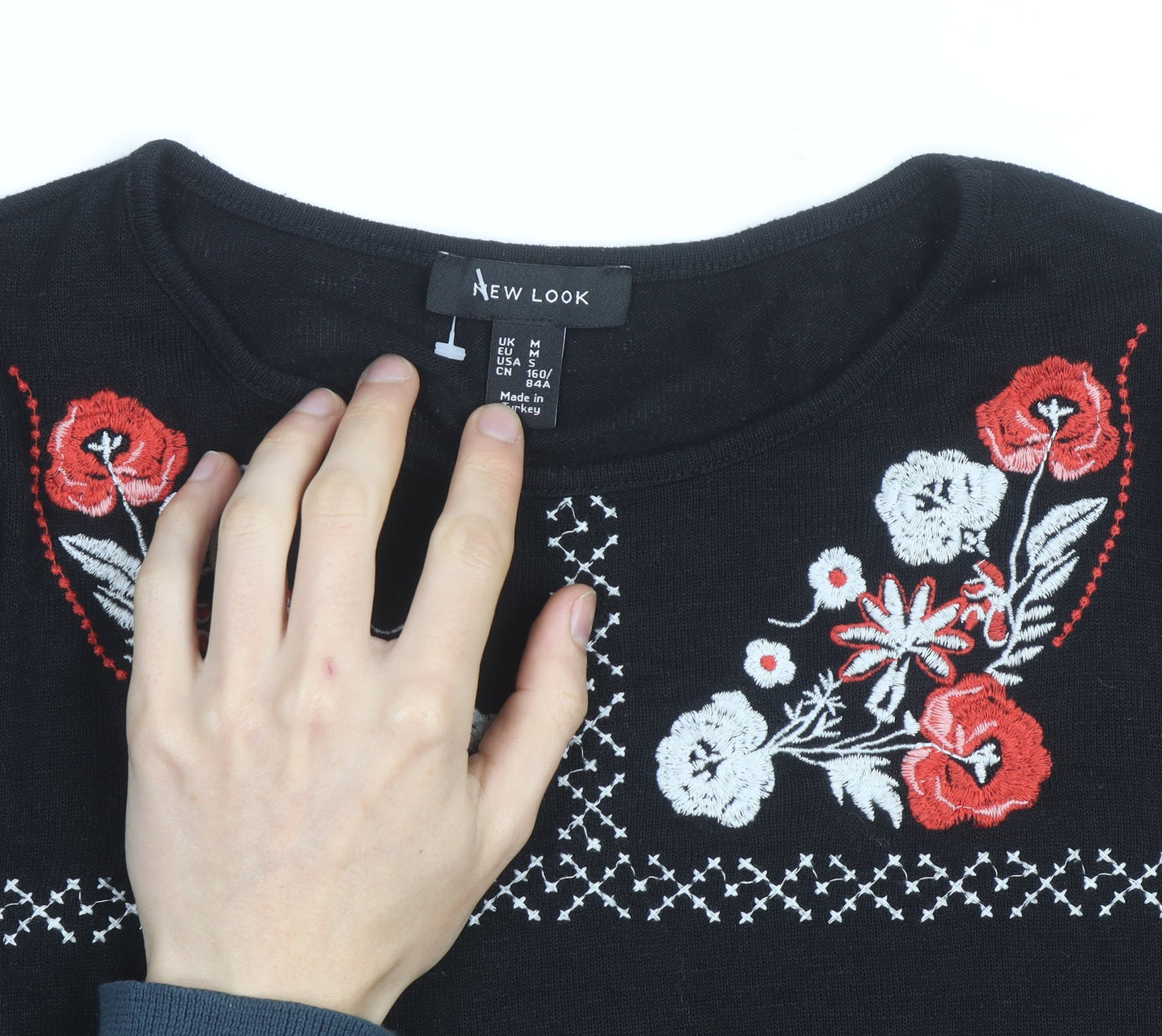 New Look Women Black Floral Embroidered Pullover Jumper M