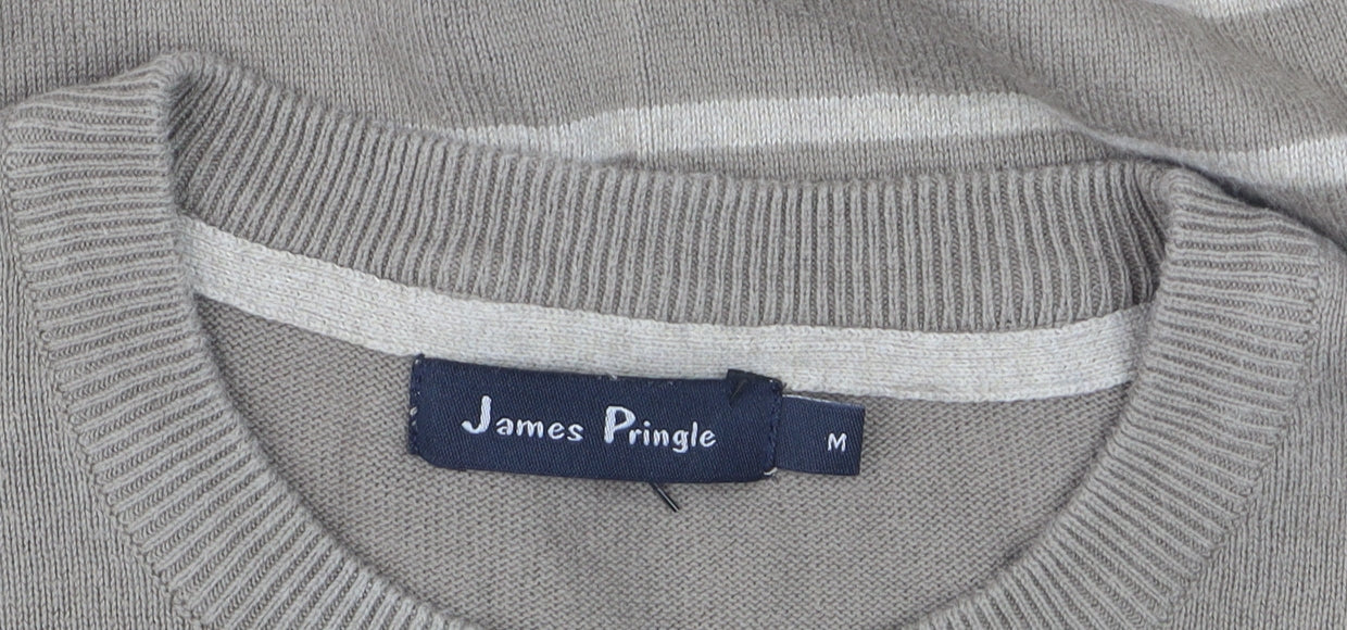 James Pringle Men's Beige Striped Cotton Pullover Jumper Size M