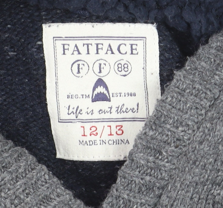 FatFace Boys Grey Navy Fair Isle Knitted Pullover Hoodie Size 12-13 Years