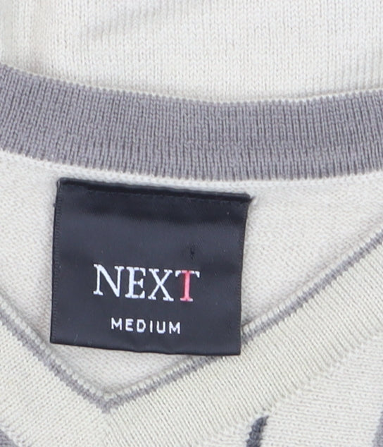 Next Men Beige Striped V-Neck Wool Blend Jumper Medium