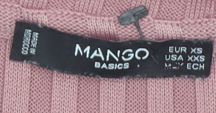 Mango Women Pink XS Ribbed Stretch Long Sleeve Scoop Neck Top