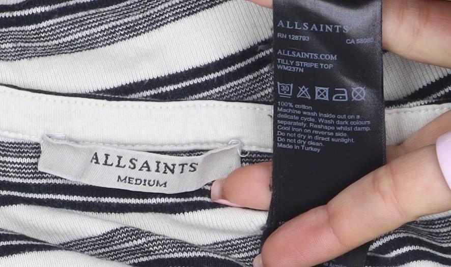 AllSaints Womens White Striped Long Sleeve Cotton T-Shirt Size M