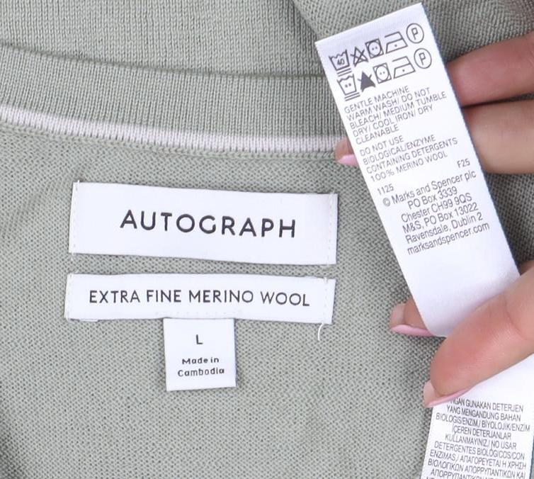 Marks and Spencer Men's Green Merino Wool V-Neck Jumper L