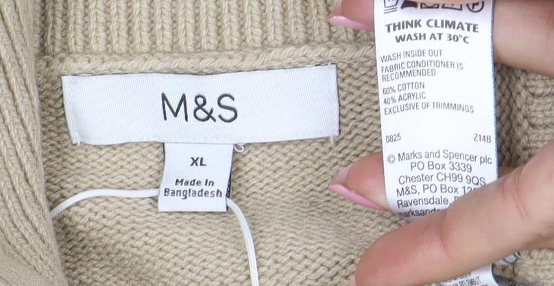 Marks & Spencer Women Beige XL Full Zip Collared Cotton Jumper