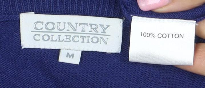 Country Collection Women Blue Cotton Cardigan M Open Knit Long Sleeve