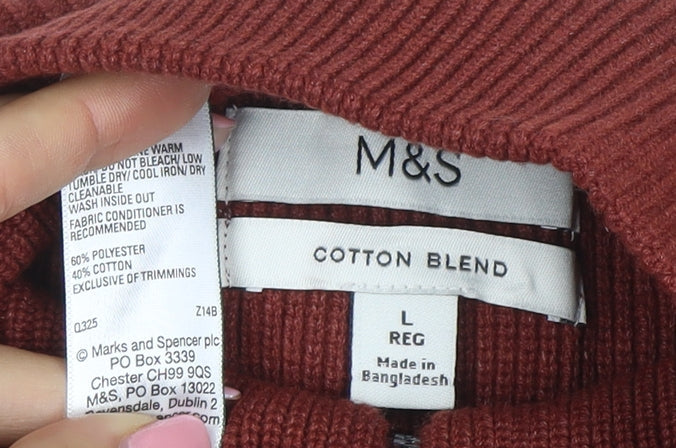 Marks & Spencer Men's Brown L 1/2 Zip Cotton Blend Jumper