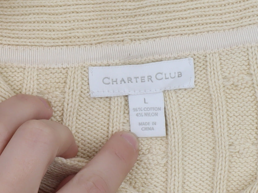 Charter Club Men Beige Cable-Knit Cotton Jumper L Collared Pullover