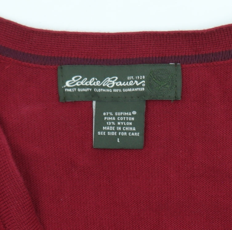 Eddie Bauer Men Red Cotton V-Neck Sleeveless Vest Jumper L