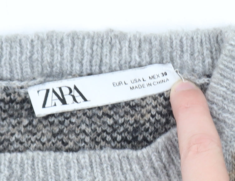 Zara Women Grey Leopard Print Wool Blend Pullover Jumper Size 14