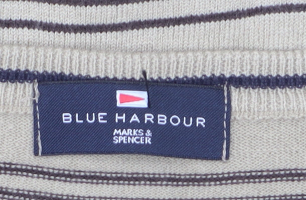 Marks and Spencer Blue Harbour Men's Beige Striped V-Neck Jumper Medium