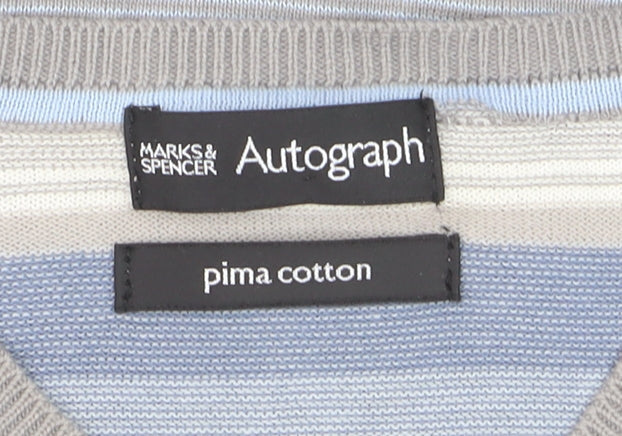 Marks & Spencer Autograph Men's Blue Striped Cotton V-Neck Jumper L