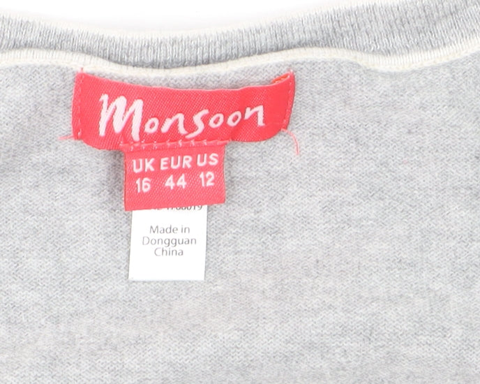 Monsoon Women’s Grey Cotton Ruffle Sleeve Pullover Jumper Size 16