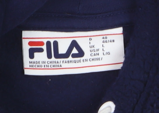 Fila Women Navy Blue Hooded Pullover Hoodie Size L Fleece Logo