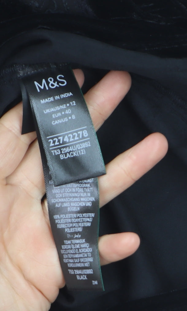 Marks and Spencer Womens Black Velvet Embroidered Blouse Size 12