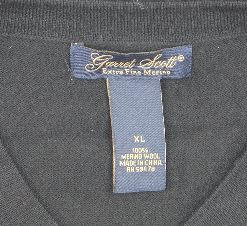 Garret Scott Men’s Black XL Merino Wool V-Neck Jumper