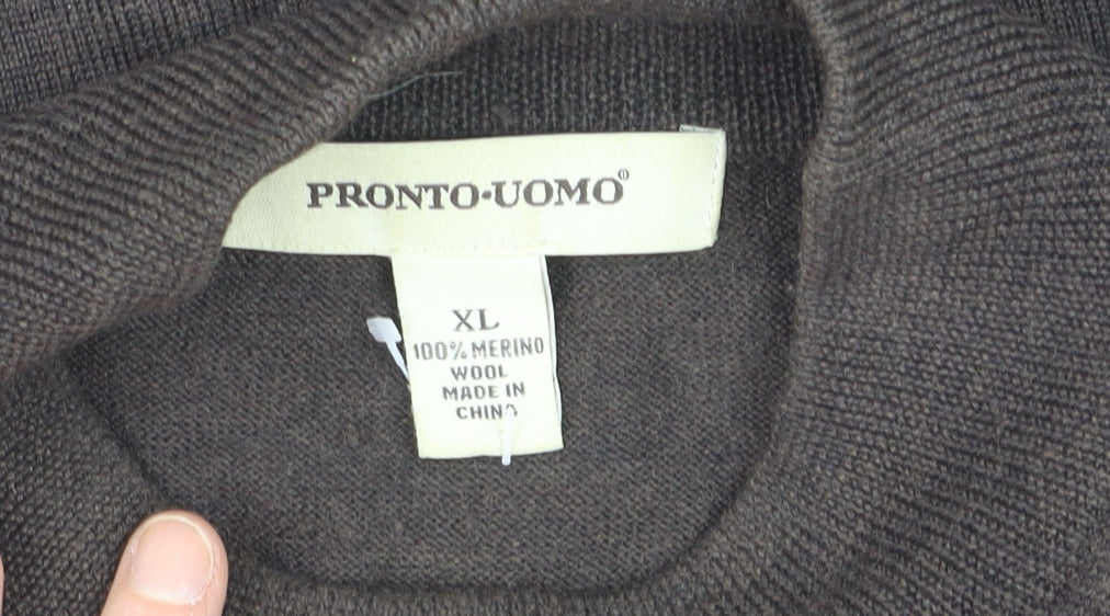 Pronto Uomo Men Brown XL Mock Neck Merino Wool Jumper