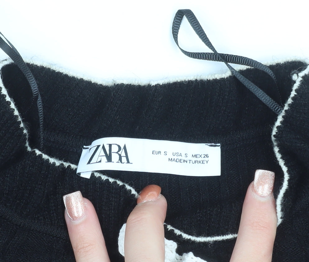 Zara Women’s Black Knit Jumper Dress Small Ruffle High Neck