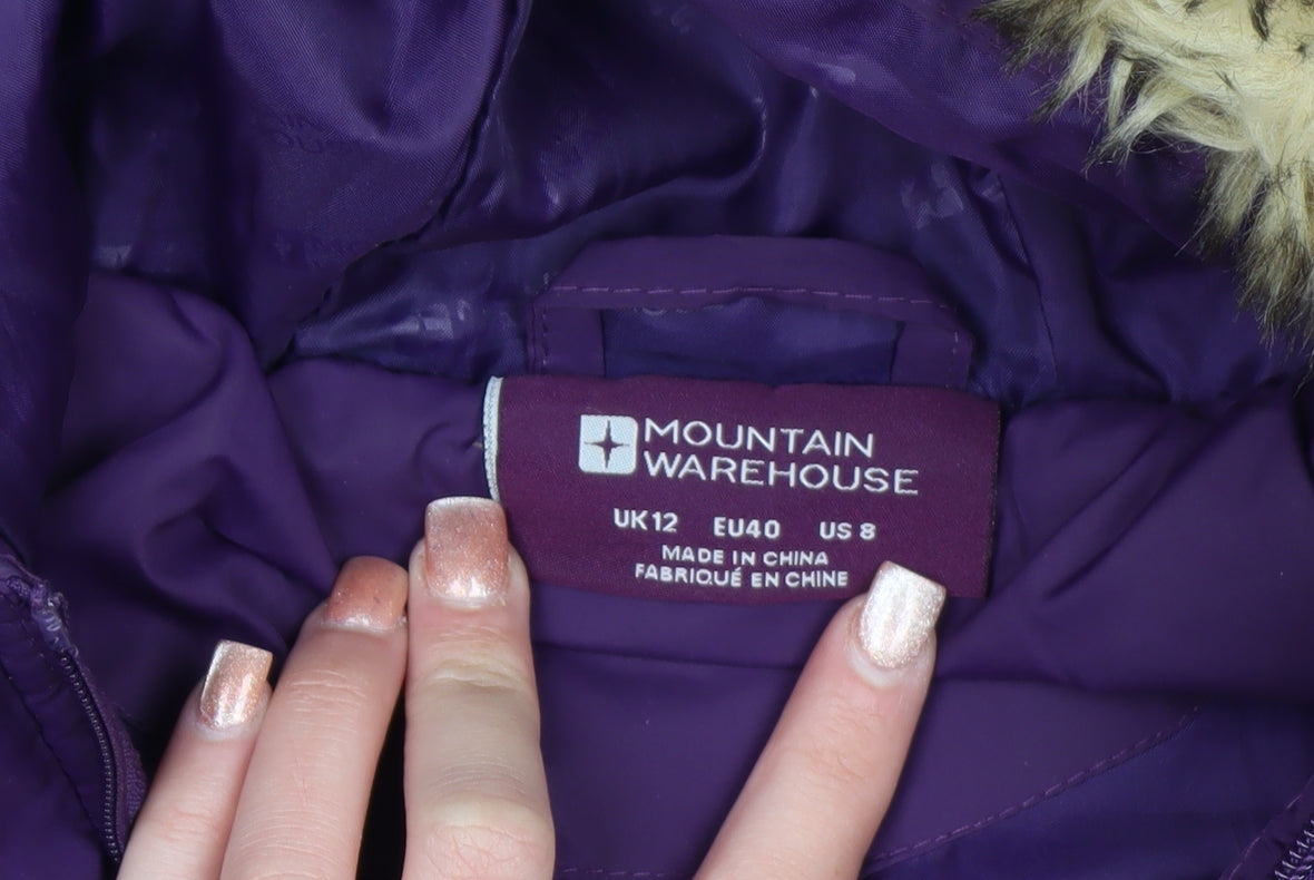 Mountain Warehouse Womens Purple Long Puffer Coat Size 12 Hooded Faux Fur Trim Winter Jacket