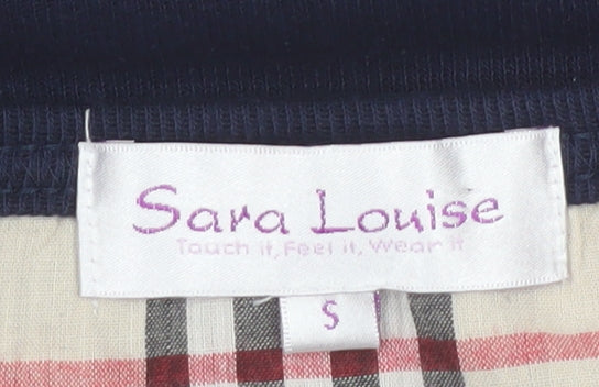 Sara Louise Womens Blue Check Trim Long Sleeve V-Neck T-Shirt Size S