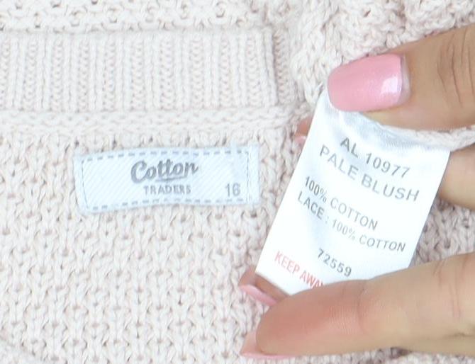 Cotton Traders Women Pale Blush Cotton Lace Sleeve Jumper Size 16