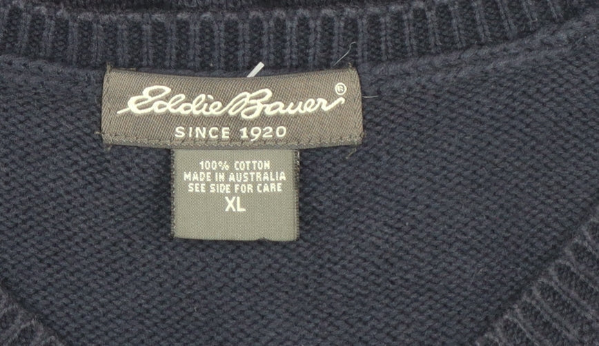 Eddie Bauer Men's Blue Check Cotton V-Neck Sleeveless Vest XL