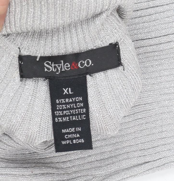 Style & Co Women Silver Roll Neck Ribbed Knit Jumper XL