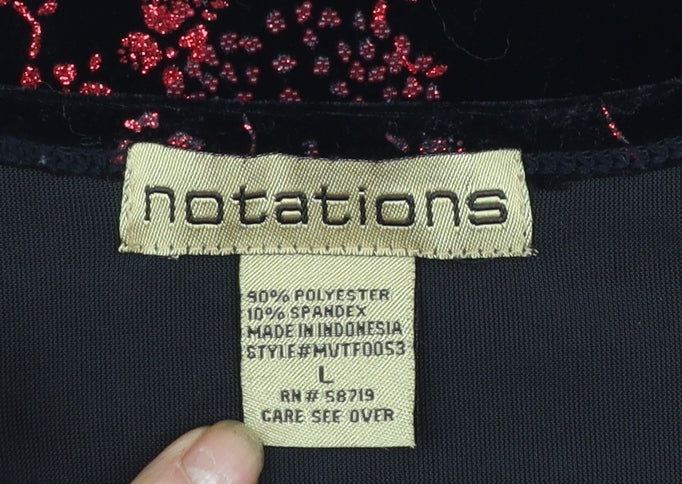 Notations Womens Black Red Velvet Floral Long Sleeve Tunic Blouse L