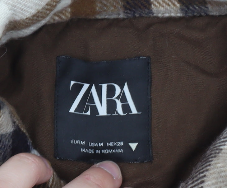 Zara Men's Beige Checked Flannel Button-Up Shirt Size M