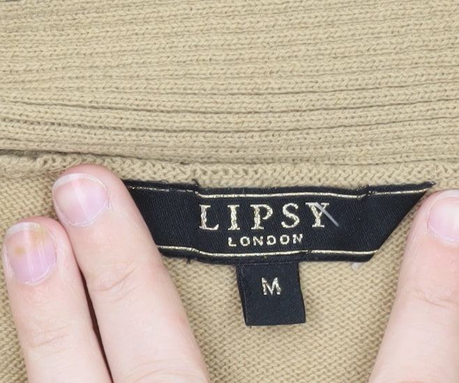 Lipsy London Women Beige Long Sleeve Open Front Ribbed Cardigan M